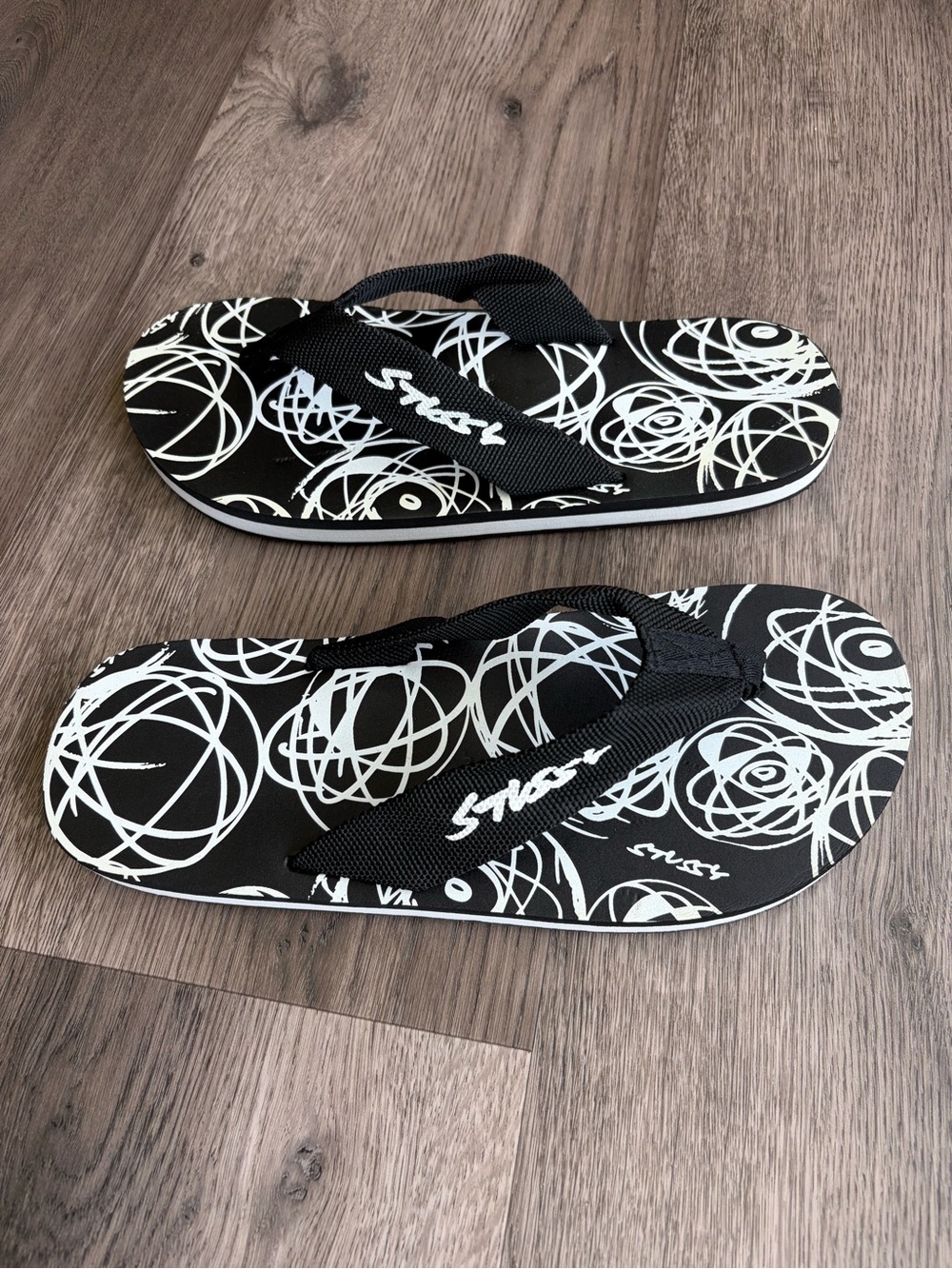 Stussy Black & White Graphic Flip Flops